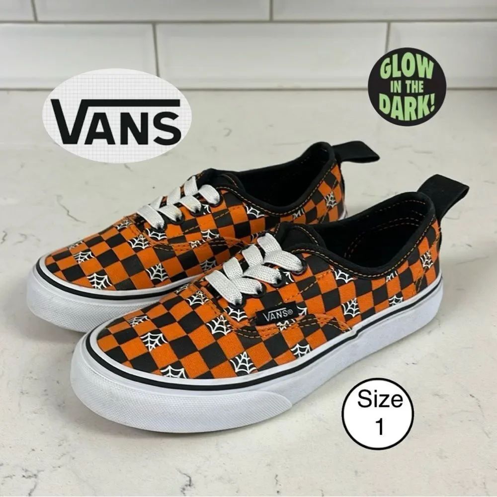 VANS KIDS GLOW CHECKERBOARD WEB AUTHENTIC ELASTIC LACE Size 1 Big Kids Halloween